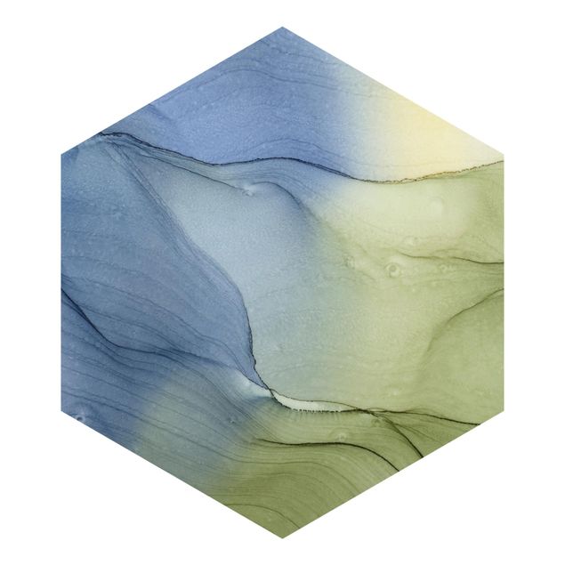 Papier peint hexagonal autocollant avec dessins - Mottled Bluish Grey With Moss Green