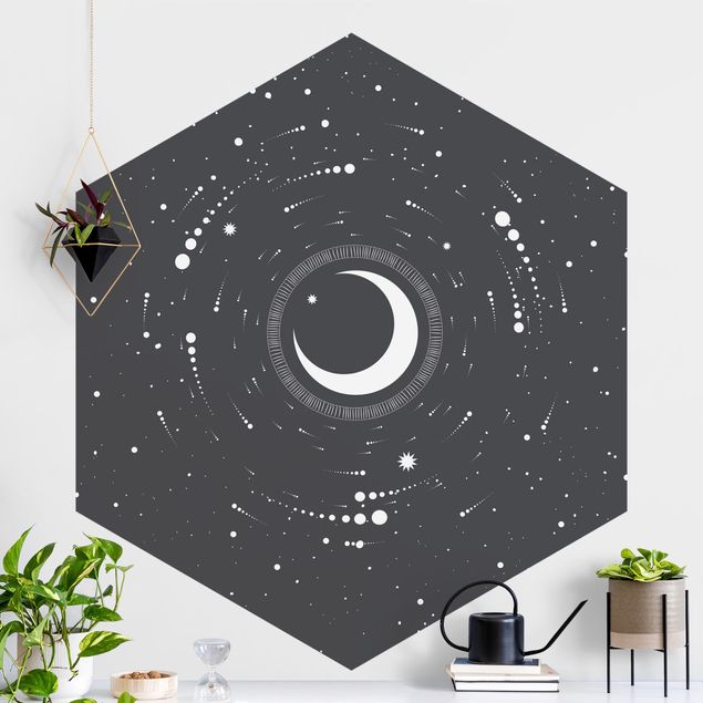 Déco mur cuisine Lune dans un cercle d'étoiles