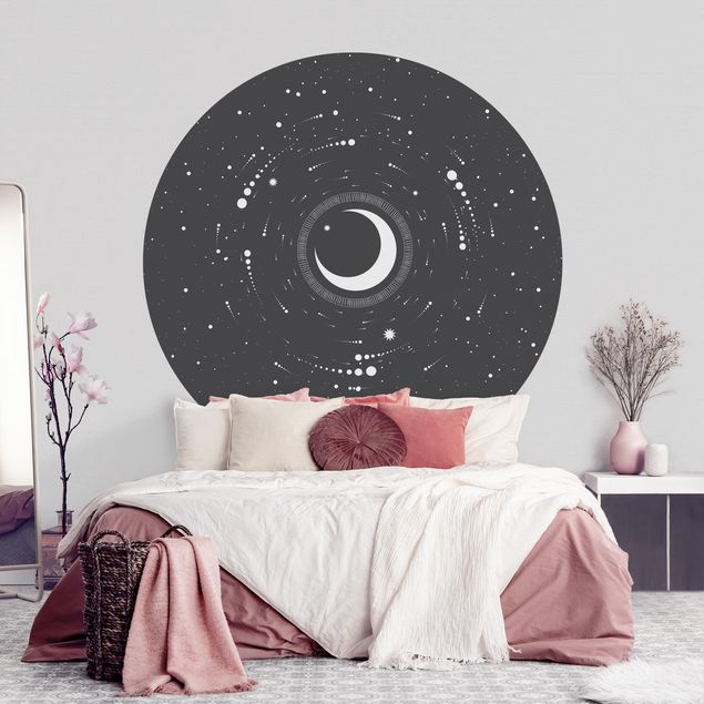 Papier peint ciel nuage Lune dans un cercle d'étoiles