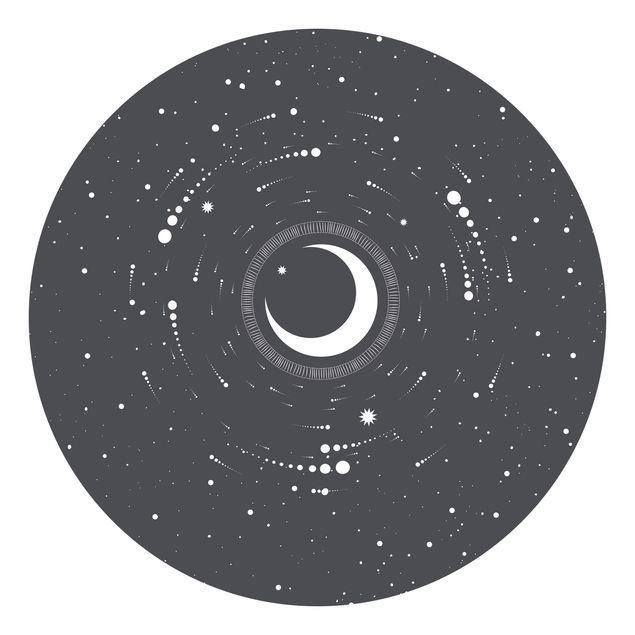 Papier peint panoramique noir et blanc Lune dans un cercle d'étoiles