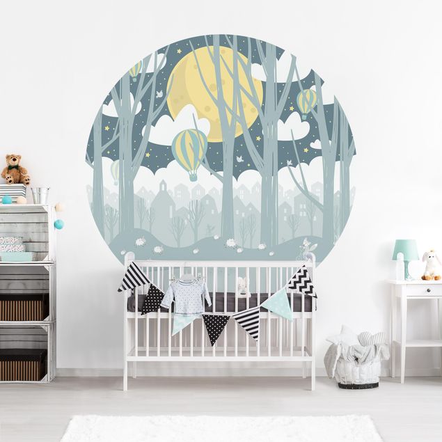 Décoration chambre bébé Lune avec Arbres Et Maisons