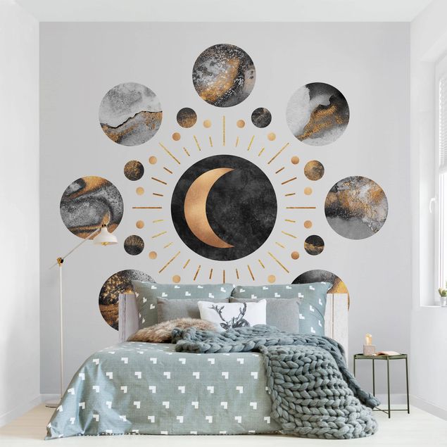 Papier peint chambre adulte zen Phases de lune abstraites or