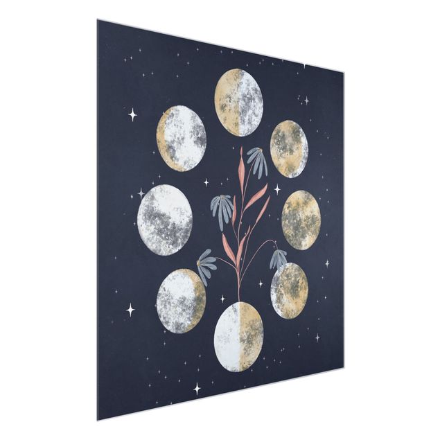 Tableau ton bleu Moon Phases and daisies
