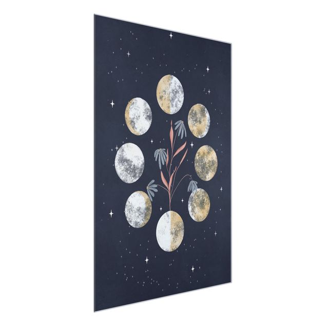 Tableau ton bleu Moon Phases and daisies
