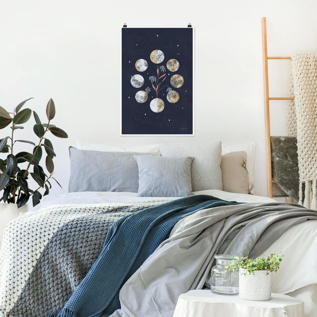 Tableau deco bleu Moon Phases and daisies