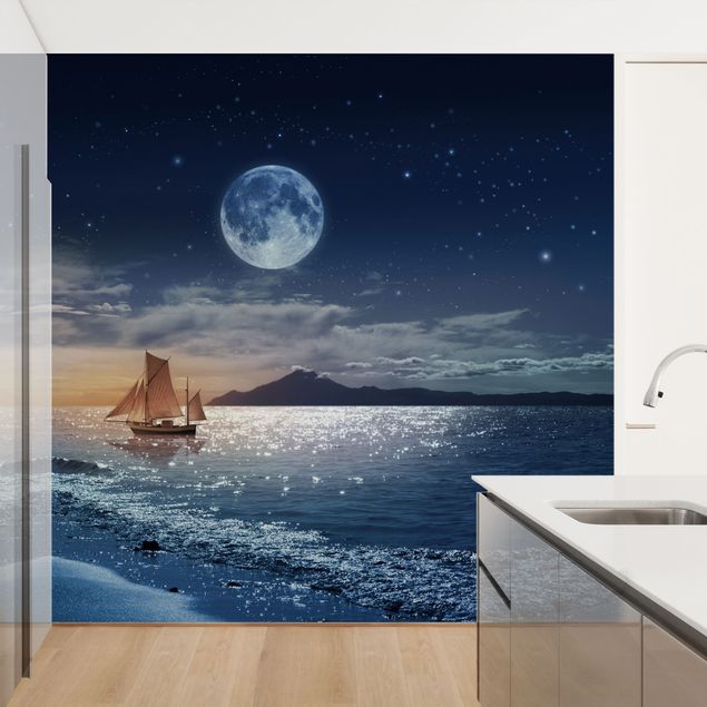 Papier peint panoramique paysage Lune Nuit Mer