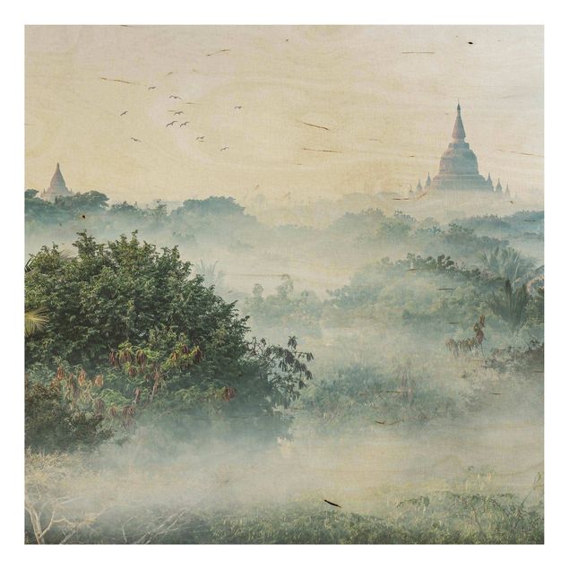 Tableaux en bois avec paysage Brouillard matinal sur la jungle de Bagan