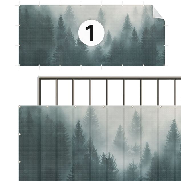 Revêtement pour balcon Forêt de conifères dans le brouillard
