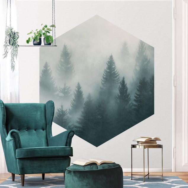 Papier peint forêt Forêt de conifères dans le brouillard