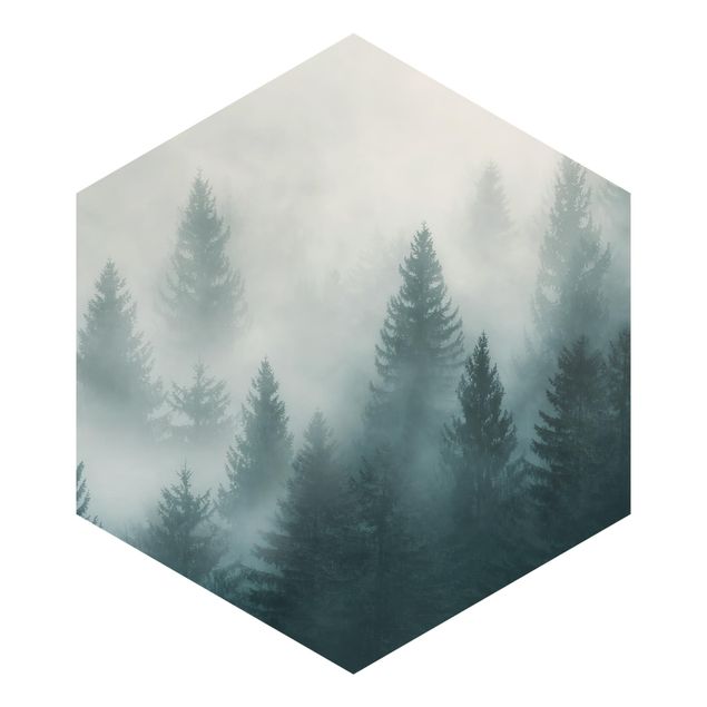 Papier peint panoramique Forêt de conifères dans le brouillard