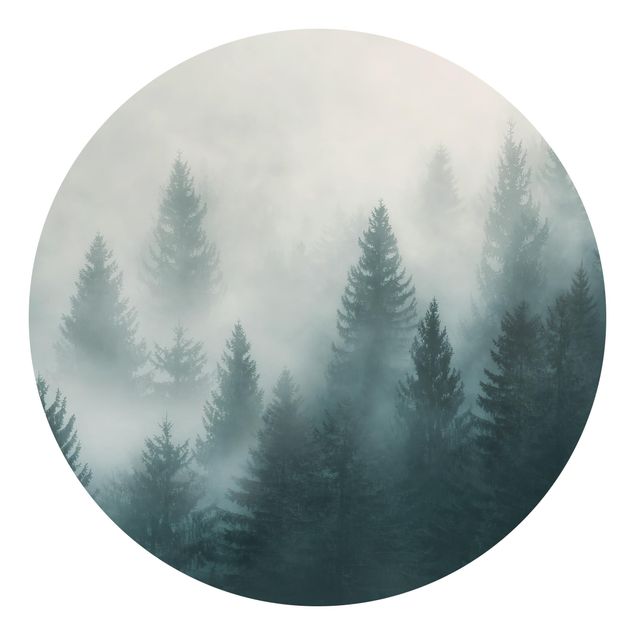 Papier peint rond autocollant forêt - Coniferous Forest In Fog
