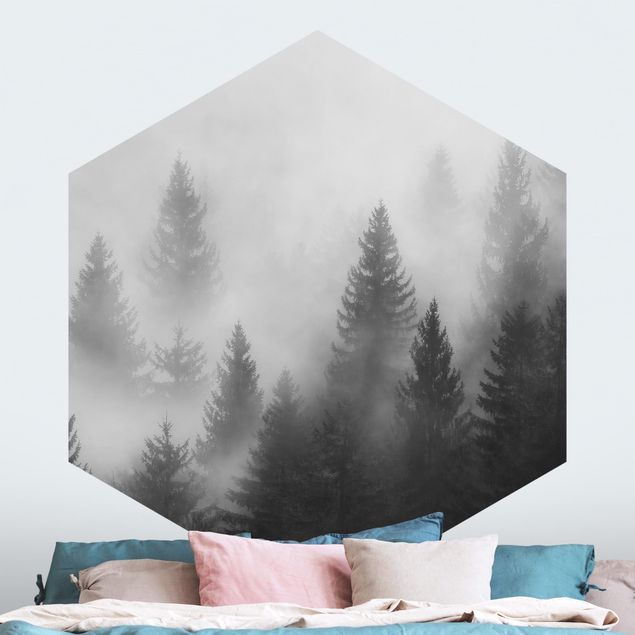Papier peint moderne Forêt de conifères dans le brouillard Noir et blanc