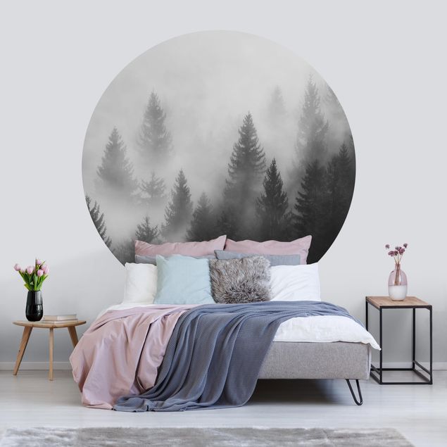 Papier peint moderne Forêt de conifères dans le brouillard Noir et blanc
