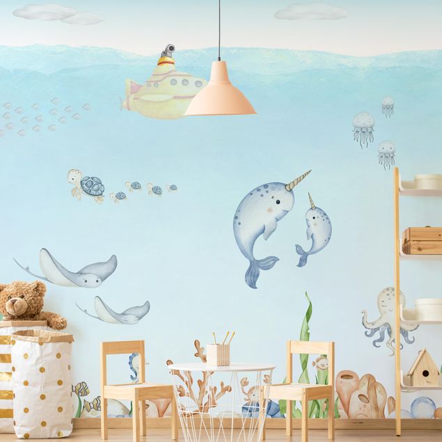 Papier peint fond marin  Famille de narvals avec des amis
