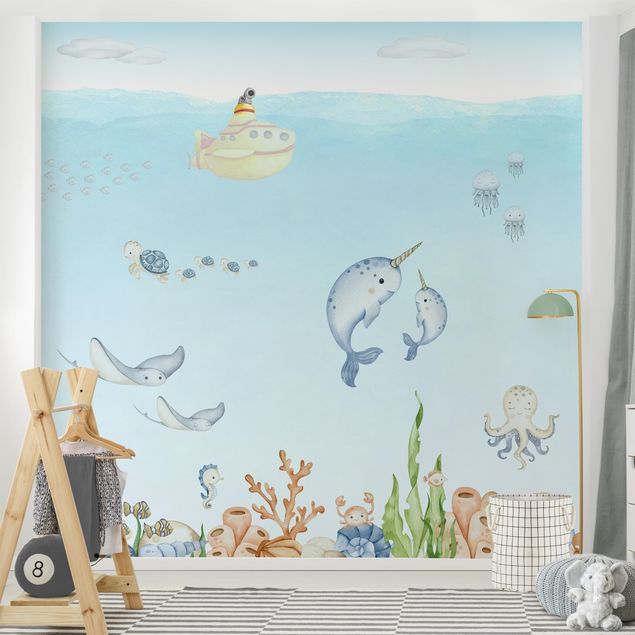 Papier peint poissons Famille de narvals avec des amis