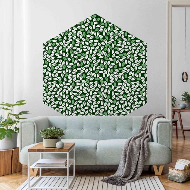 Papier peint floral Motif naturel pluie de feuilles en vert