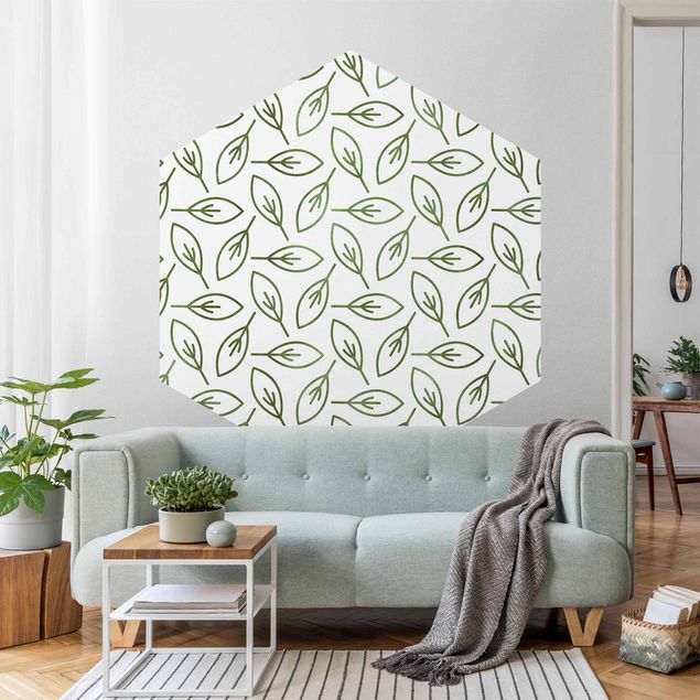 Papier peint fleurs Motif naturel de lignes feuilles en vert