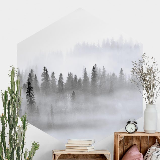 Déco mur cuisine Brouillard Dans La Forêt De Sapins Noir Et Blanc