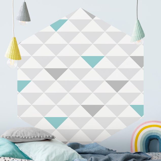 Papier peint géométrique No.YK64 Triangles Gris Blanc Turquoise