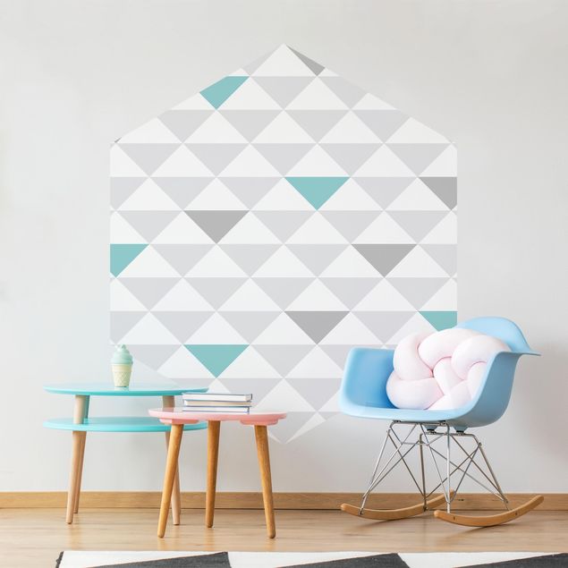 Papier peint moderne No.YK64 Triangles Gris Blanc Turquoise