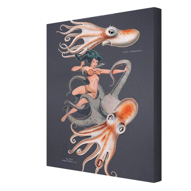 Tableau deco bleu Nymphe avec octopus
