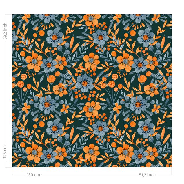 rideaux salon moderne Orange Blue Flowers On Dark Teal