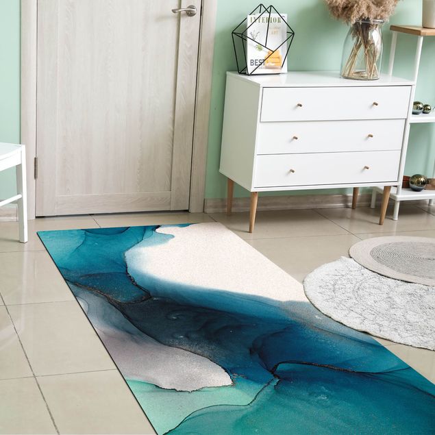 tapis salon moderne Gouttes d'Océan Tourquoise avec Or