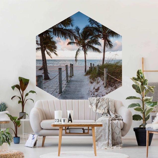 Papier peint panoramique paysage Palmiers sur la promenade vers l'océan