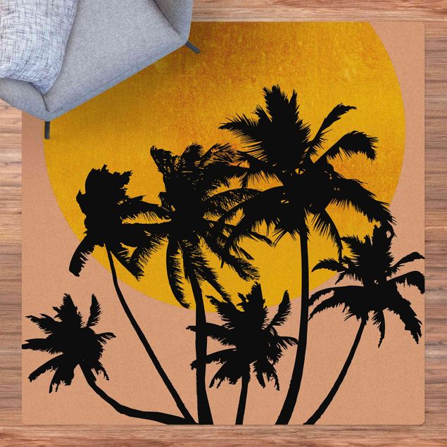 tapis salon moderne Palmiers devant un soleil doré