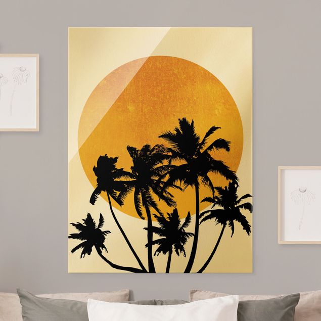Tableaux en verre coucher de soleil Palmiers devant un soleil doré
