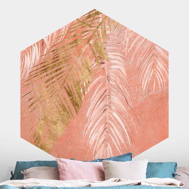 Déco murale cuisine Frvagues de palmier en rose et or I