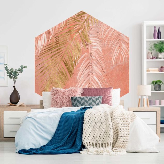 Papier peint panoramique hexagonal Frvagues de palmier en rose et or I