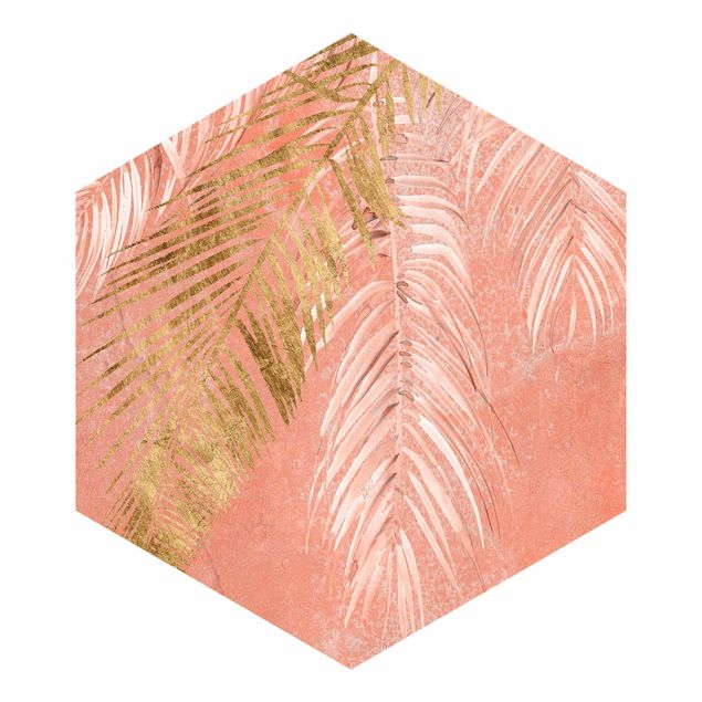 tapisserie panoramique Frvagues de palmier en rose et or I