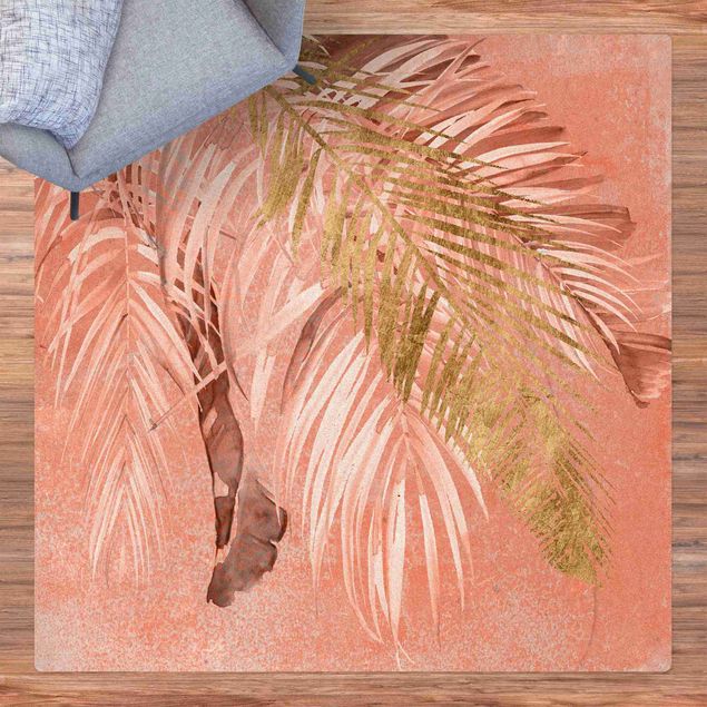 tapis contemporain Feuilles de palmier en rose et or II