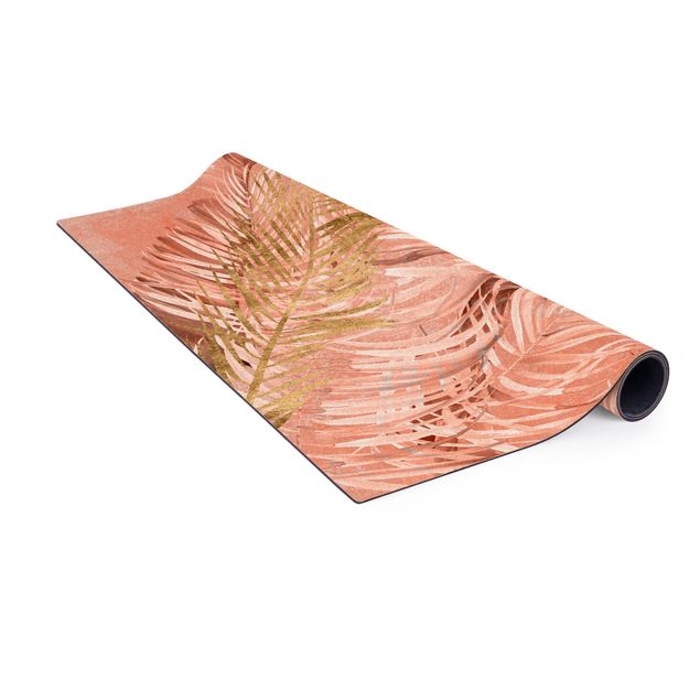 tapis salle à manger facile à nettoyer Feuilles de palmier en rose et or II