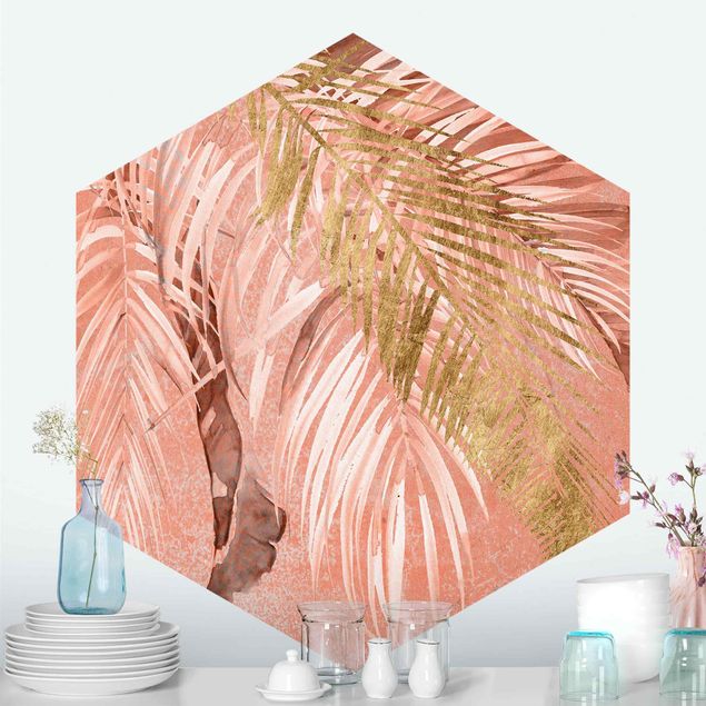 Tapisserie moderne Feuilles de palmier en rose et or II