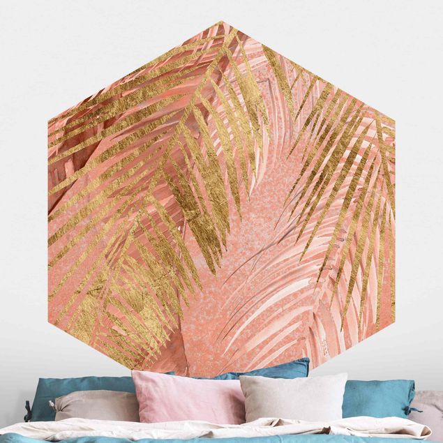 Déco murale cuisine Feuilles de palmier en rose et or III