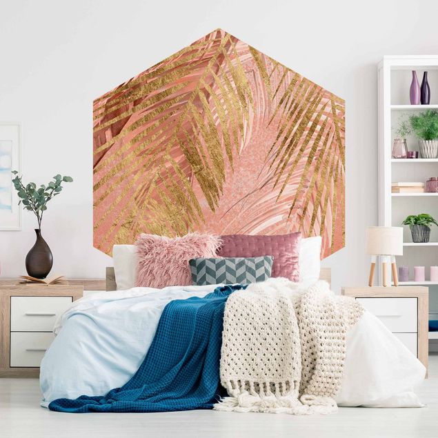 Papier peint panoramique hexagonal Feuilles de palmier en rose et or III