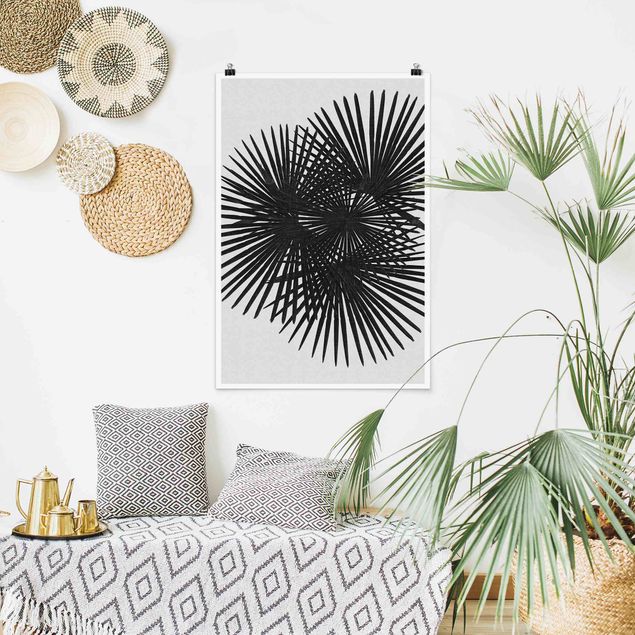 Tableau fleurs Feuilles de palmier en noir et blanc
