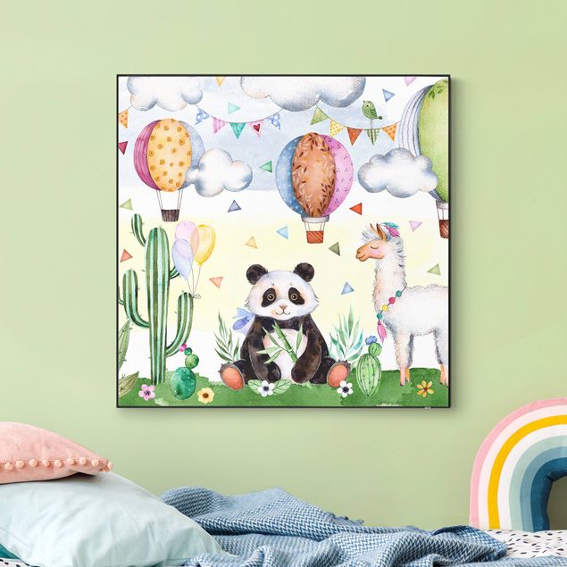 Tableau moderne Panda et lama aquarelle