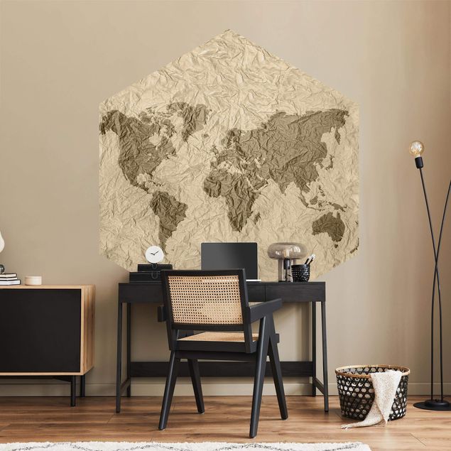 Papier peint panoramique hexagonal Carte du Monde en Papier Beige Marron