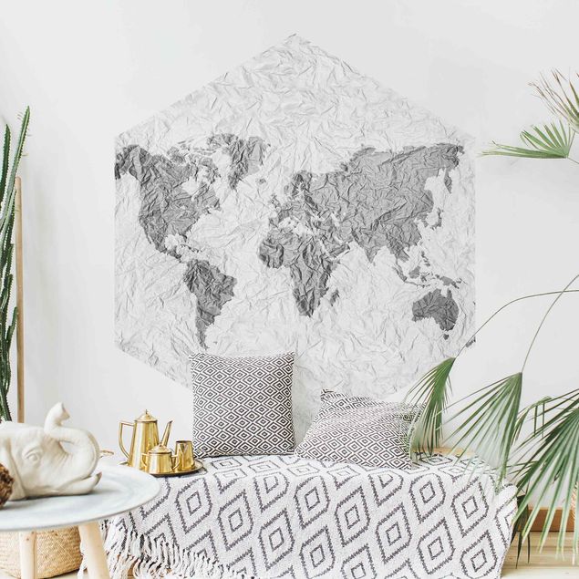Papier peint panoramique noir et blanc Carte du Monde en Papier Blanc Gris