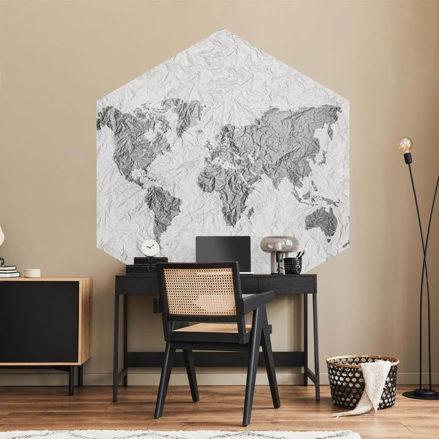 Papier peint mappemonde Carte du Monde en Papier Blanc Gris