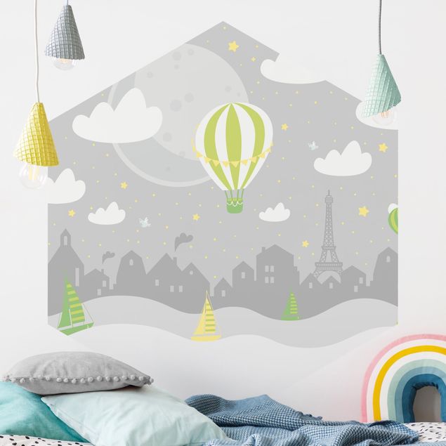 Déco chambre bébé Paris avec étoiles et montgolfière en gris