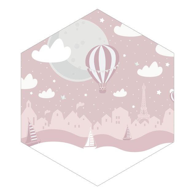 Tapisserie rose Paris avec étoiles et montgolfière en rose