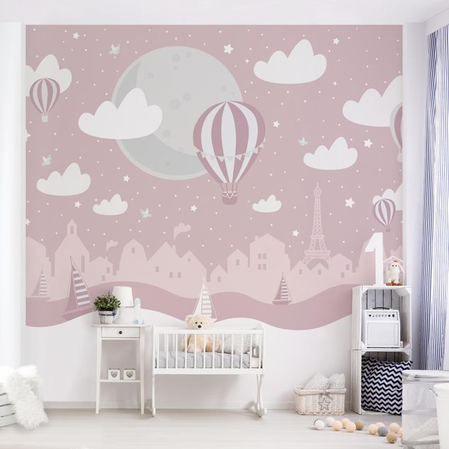 Déco chambre enfant Parigi con stelle e mongolfiere in rosa