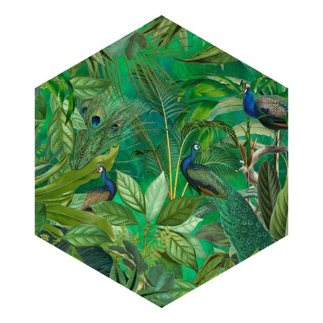 Papier peint vert Paons dans la jungle