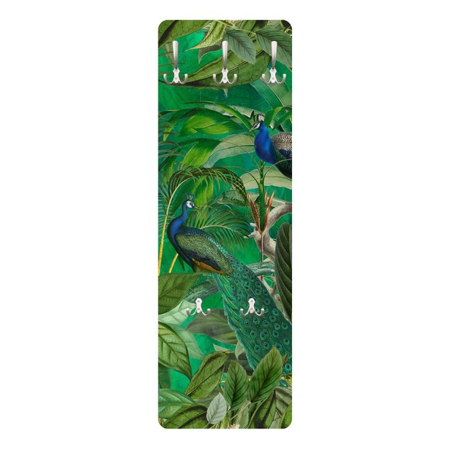 Porte-manteaux muraux verts Paons dans la jungle