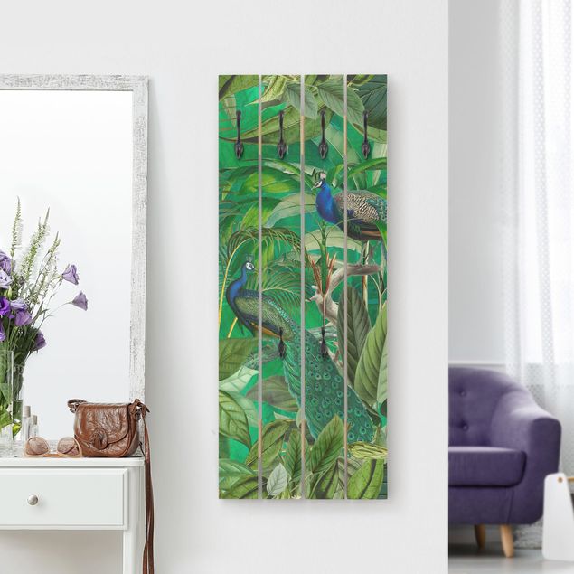 Porte-manteaux muraux avec fleurs Paons dans la jungle