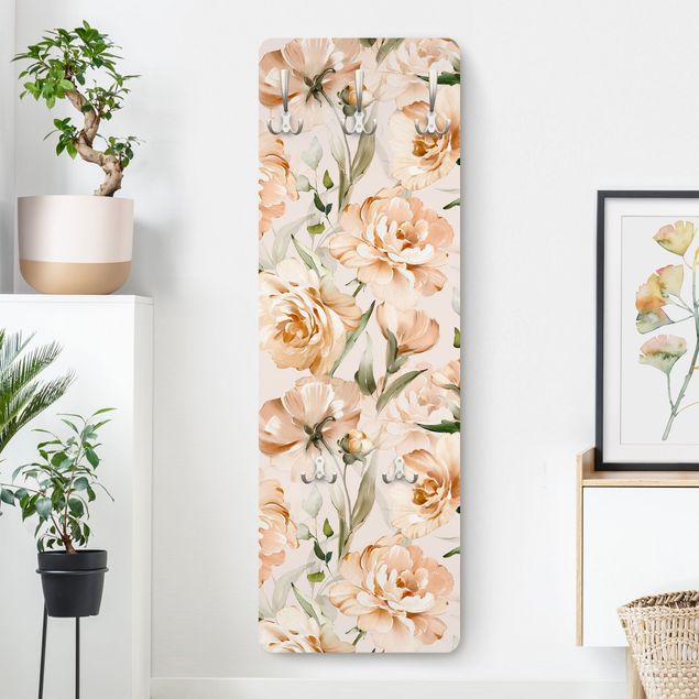 Porte-manteaux muraux avec fleurs Peonies Watercolour Pattern Beige